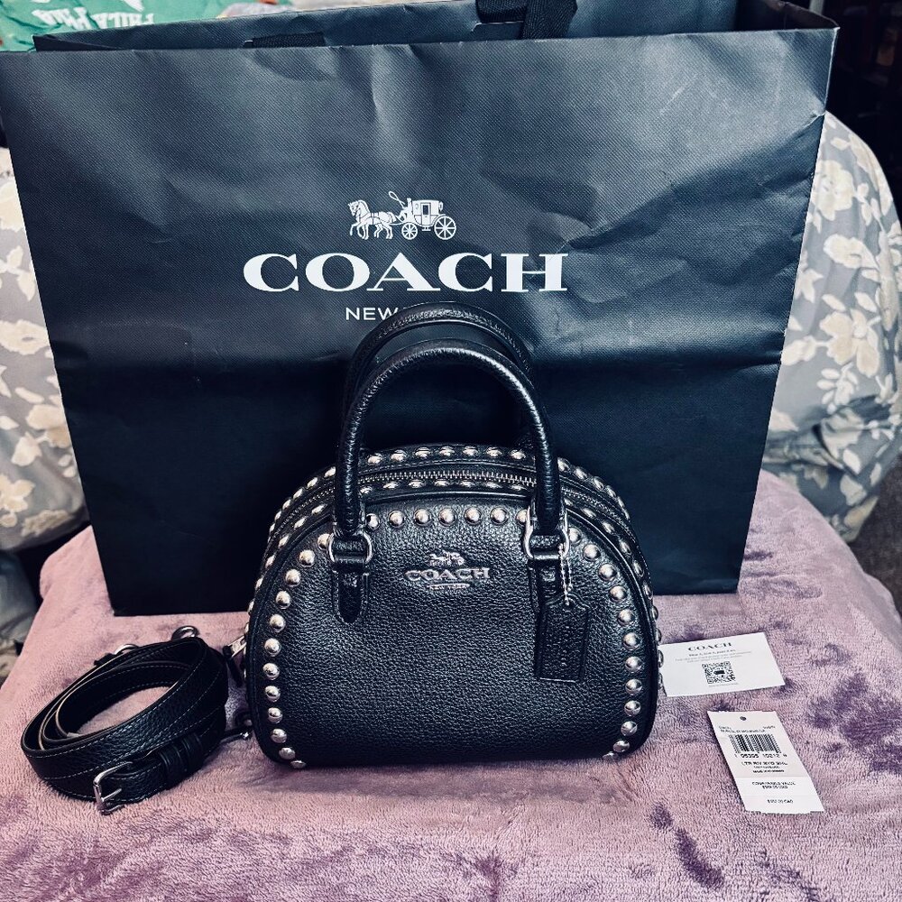 NWT Coach CM071 Sydney Satchel Crossbody bag with Rivets Pebble Leather Black